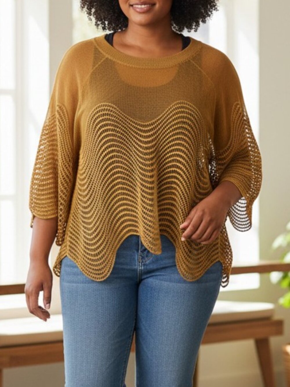 MIRROR IMAGE | Mustard Mesh Wavy Bohemian Bell Sleeves Crop Top